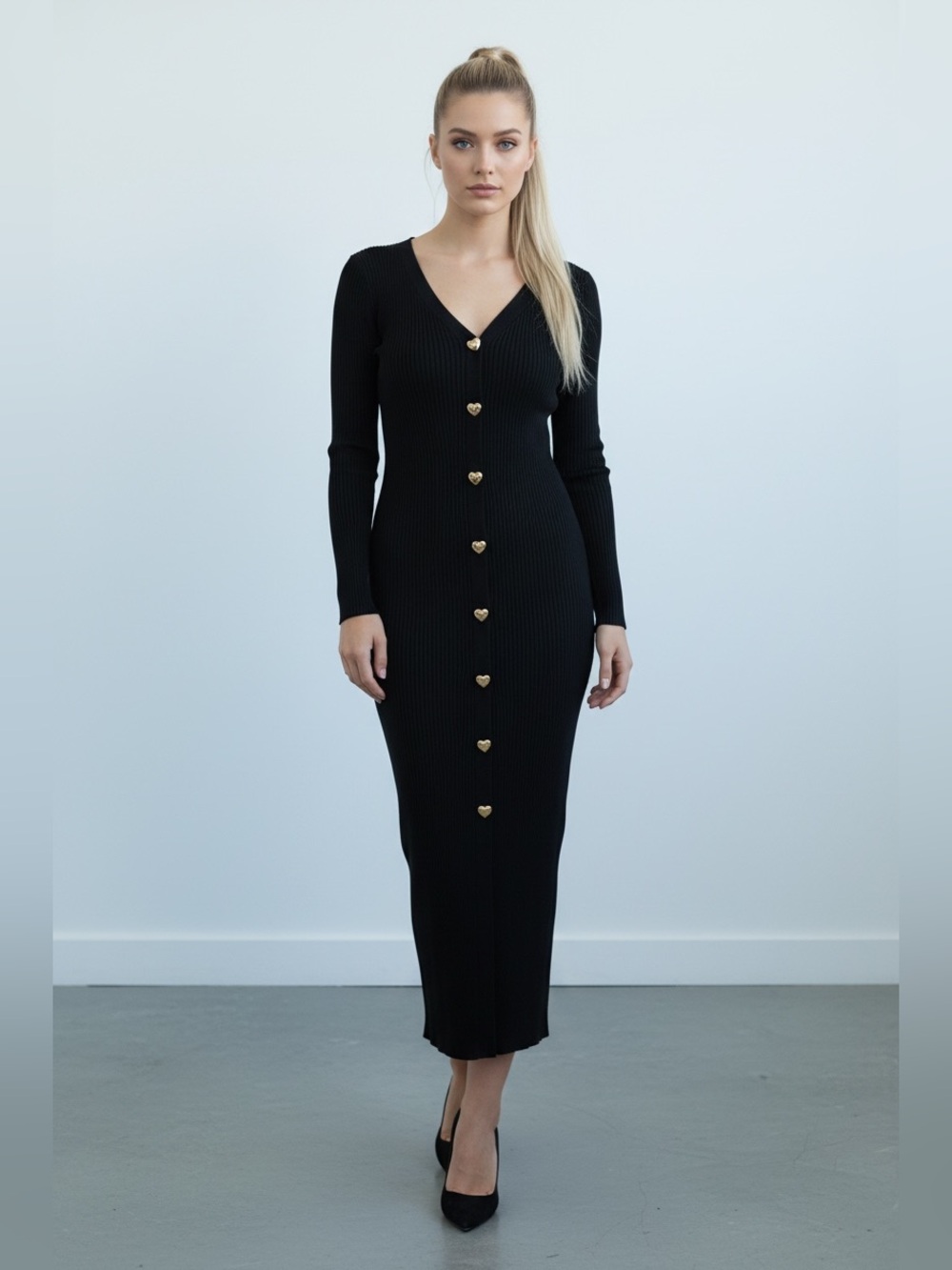Madden Girl Black Ribbed Long-Sleeve Midi Dress with Gold Heart Buttons